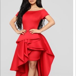 off the shoulder red dress by Fashion Nova